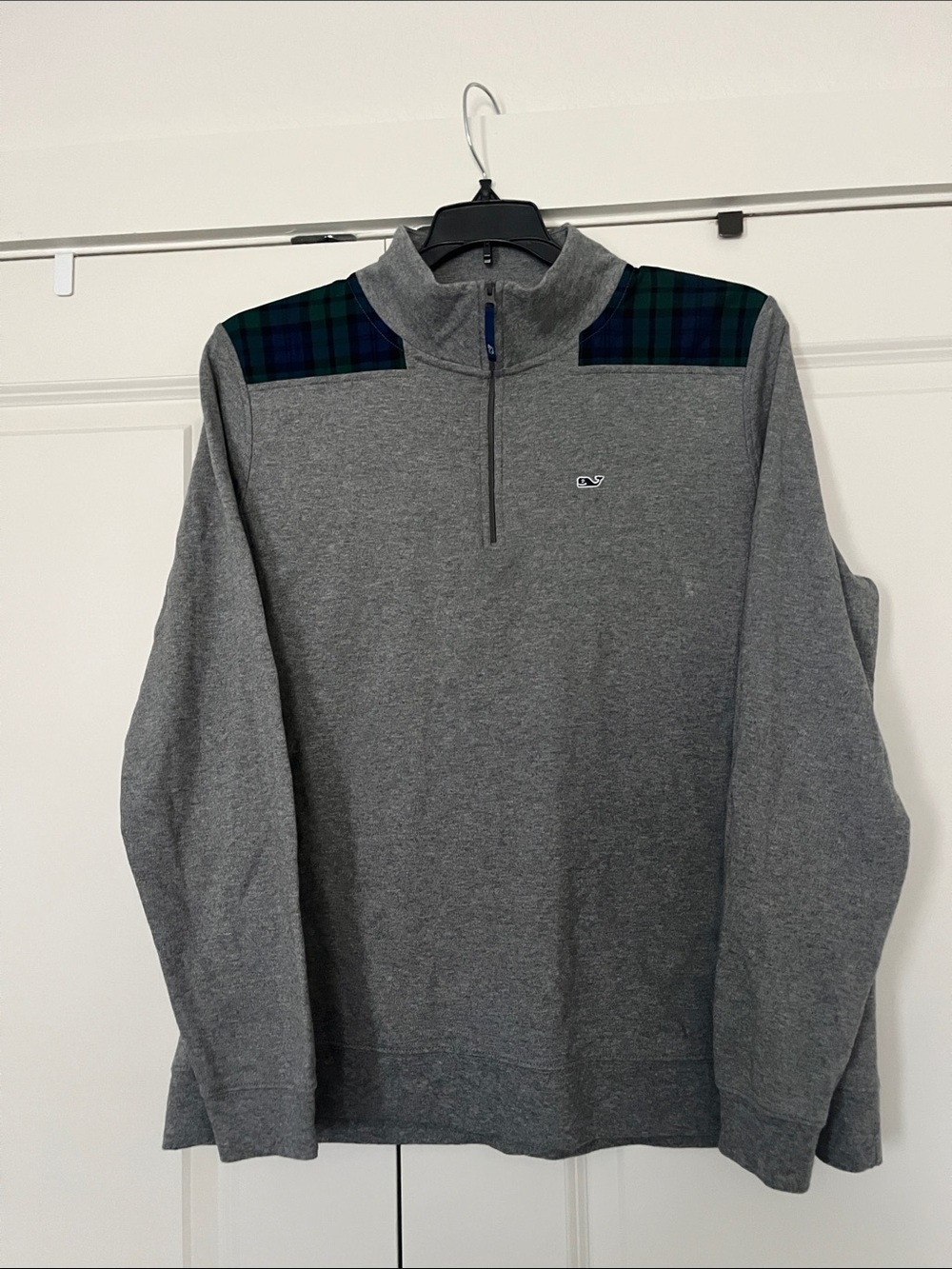 Vineyard Vines Shep Shirt Gray Quarter-Zip Sweater with Green Plaid Shoulder